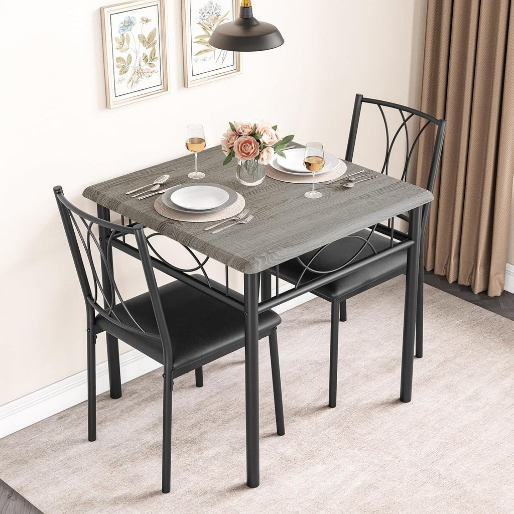 Garvee 3-Piece Wood Dining Table Set for 2, Compact Square Kitchen Table Set with 2 Upholstered Chairs, Space-Saving Dining Table Set for Apartment, Studio, Kitchen, Small Space, Gray