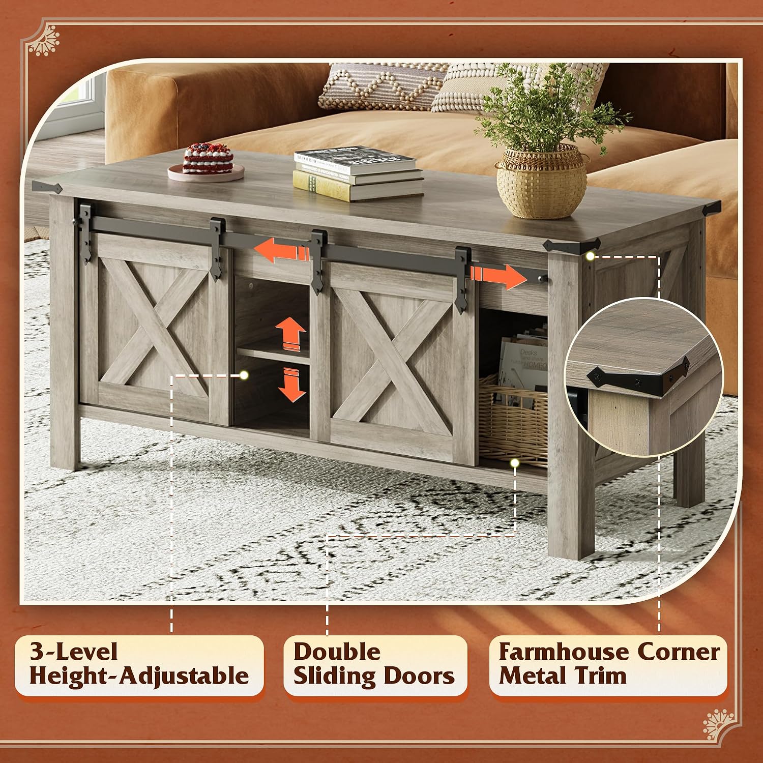 WLIVE 47.2' Farmhouse Lift Top Coffee Table with Sliding Barn Doors, Large Hidden Storage Compartment and Adjustable Shelf for Living Room,Office, Greige