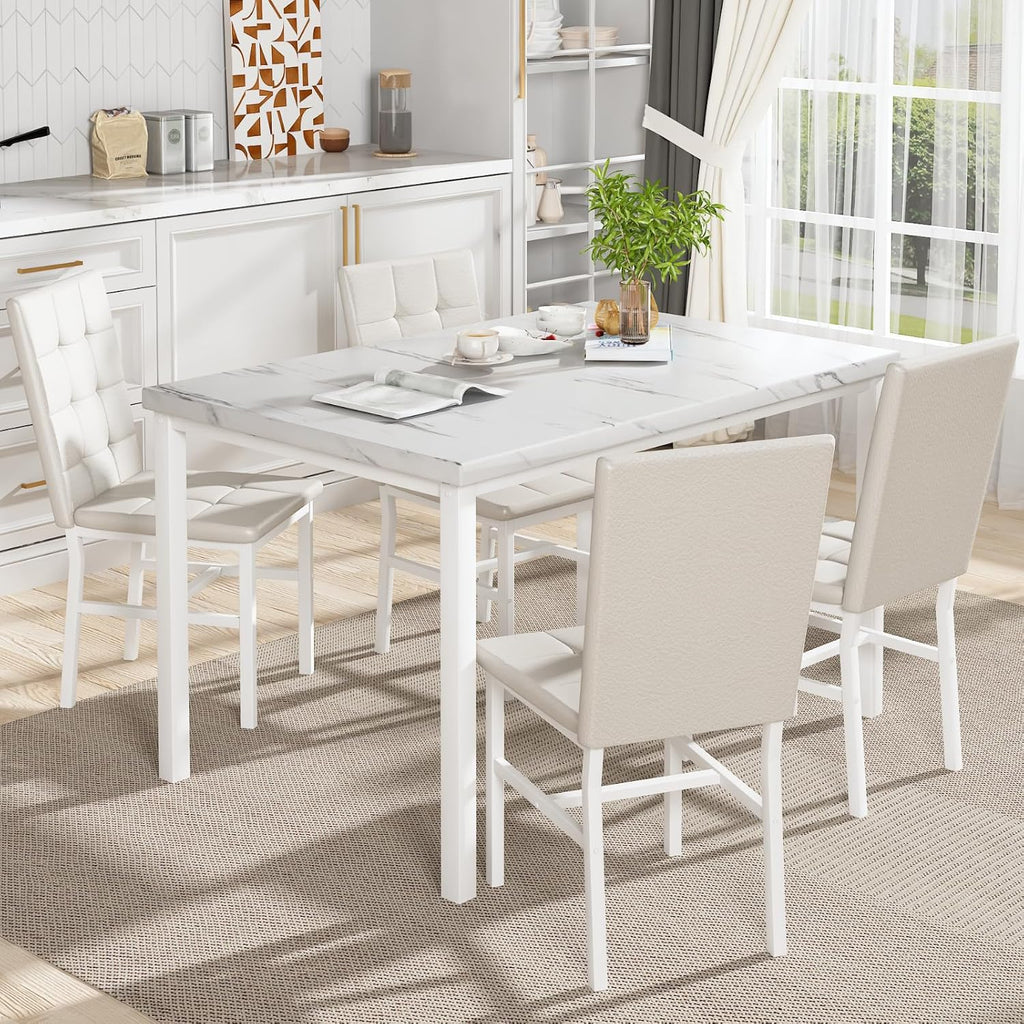Hooseng Dining Room Table Set 5 Piece Dining Table Set Marble Dining Table 4 Chair Dining Table Set for Kitchen Living Room Breakfast Small Spaces (White)