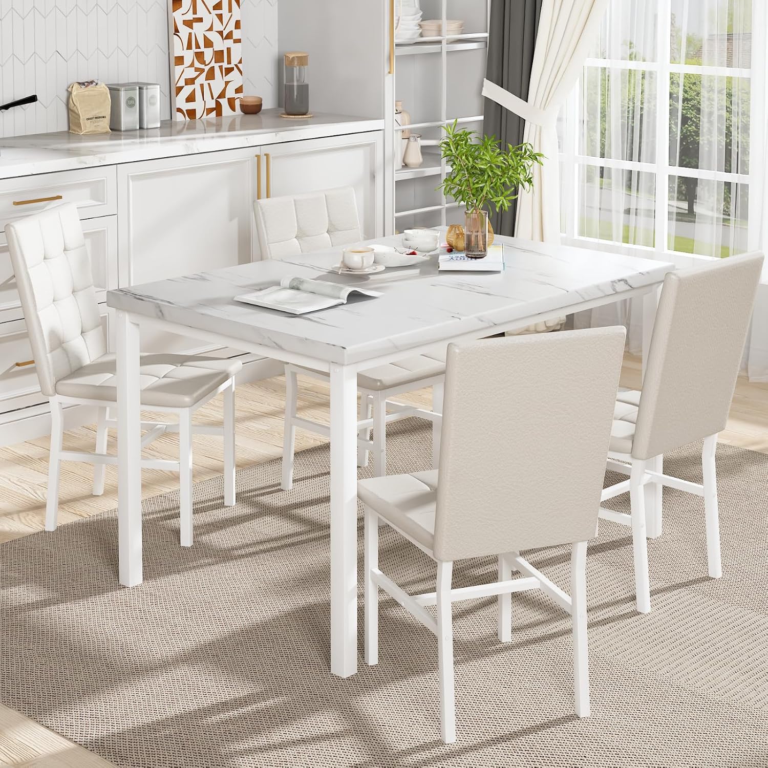 Hooseng Dining Room Table Set 5 Piece Dining Table Set Marble Dining Table 4 Chair Dining Table Set for Kitchen Living Room Breakfast Small Spaces (White)