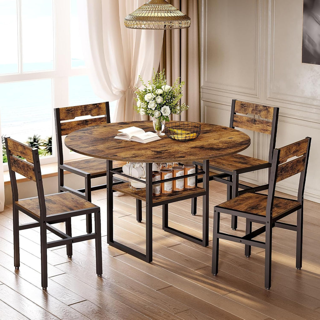 RALGEND Round Dining Table Set for 4, 5-Piece Kitchen Table and Chairs with Storage Shelf, Circle Dinner Table Set with Wooden Tabletop & Metal Legs, for Kitchen & Dining Room, Rustic Brown and Black
