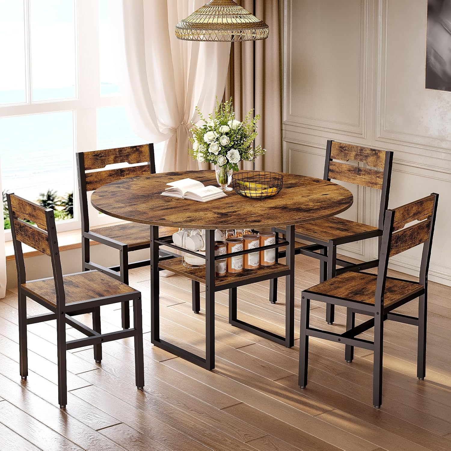 RALGEND Round Dining Table Set for 4, 5-Piece Kitchen Table and Chairs with Storage Shelf, Circle Dinner Table Set with Wooden Tabletop & Metal Legs, for Kitchen & Dining Room, Rustic Brown and Black