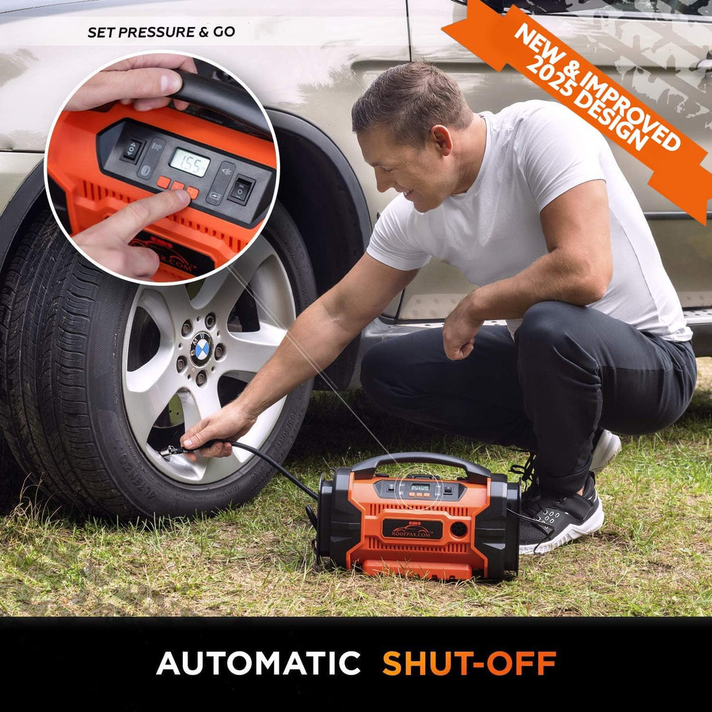 RoofPax Tire Inflator Portable Air Compressor for Car Tires 3 Power Sources AC/DC & Battery Heavy Duty Inflator/Deflator Digital Car Air Pump with Pressure Gauge 12V 110 AC 160 PSI For Car RV & Truck