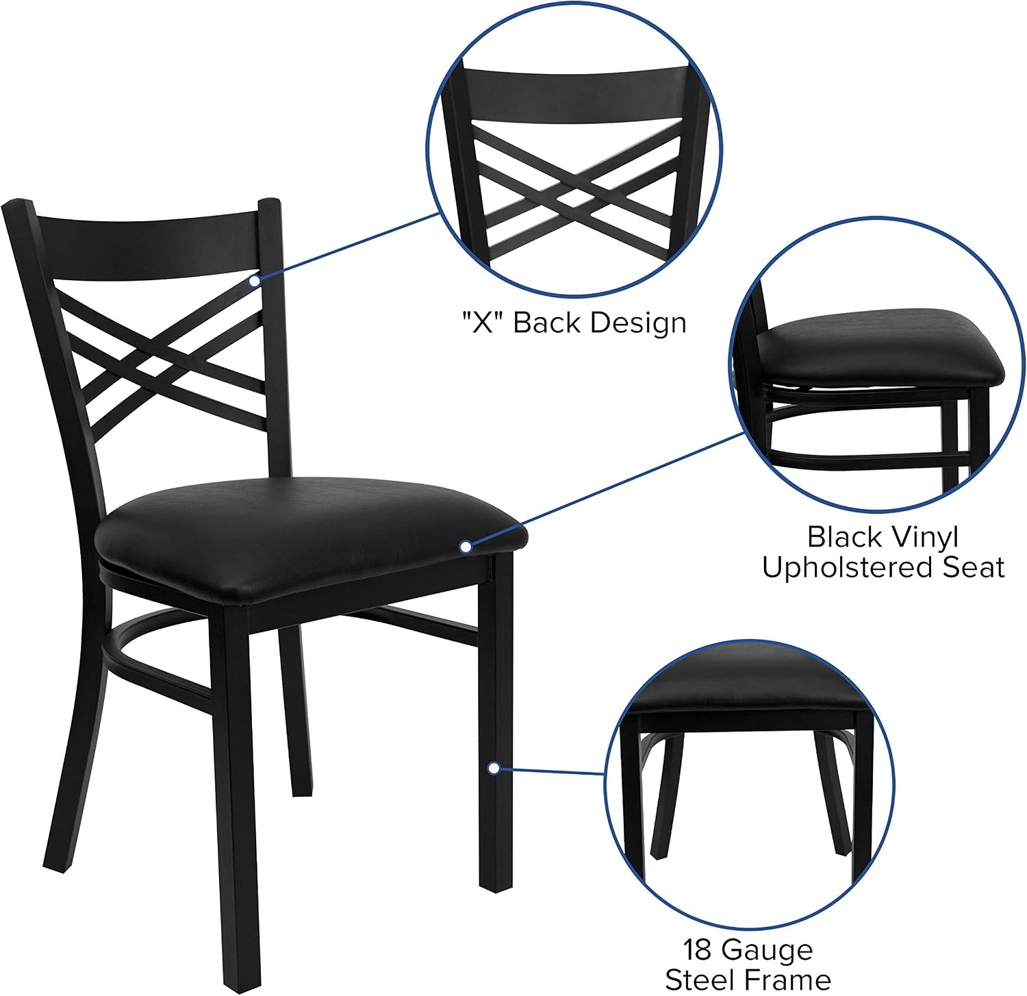 Flash Furniture Hercules Series 'X' Back Metal Restaurant Chair, Modern Upholstered Armless Dining Chair for Restaurants and Kitchens, Black