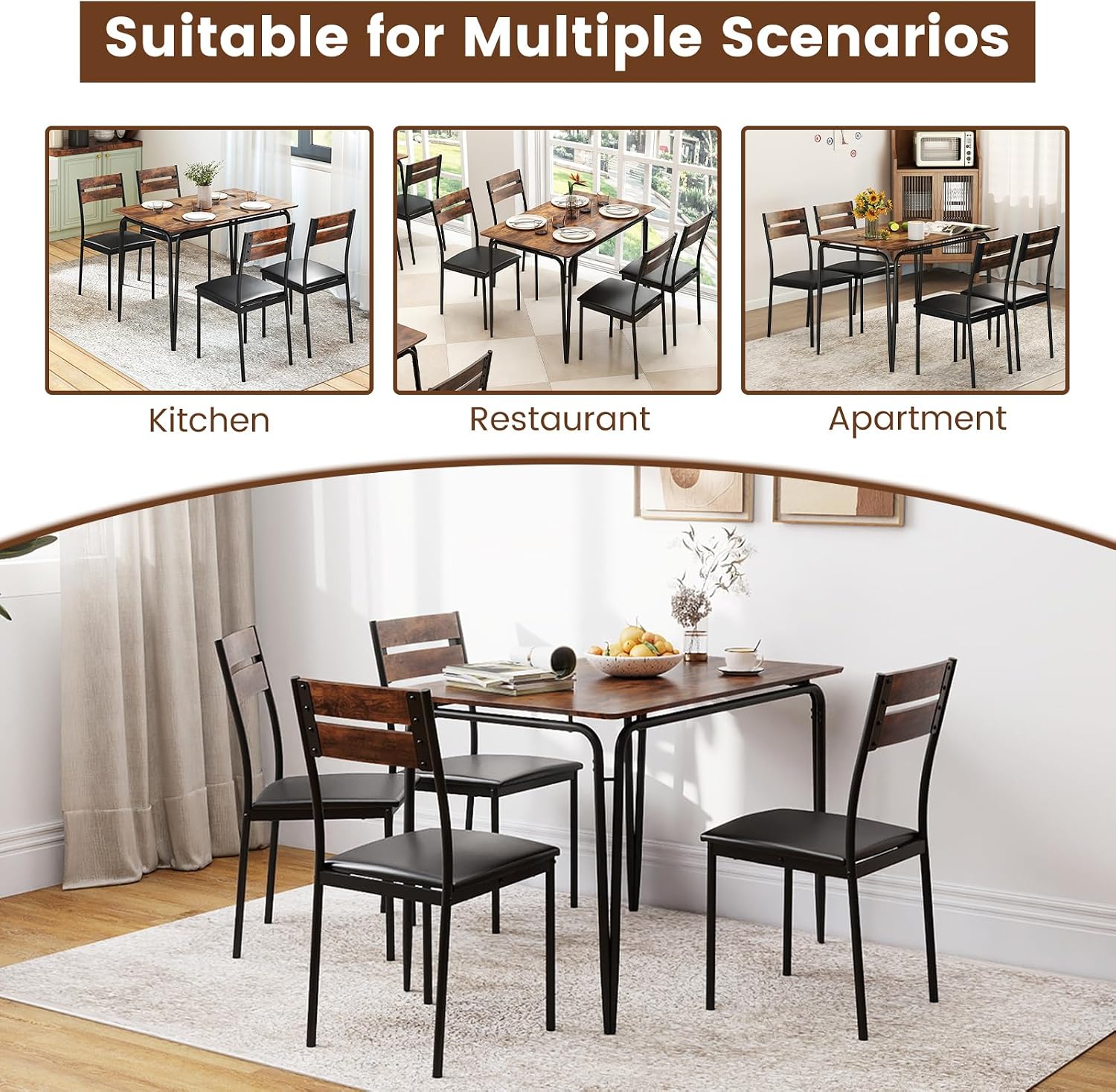 Giantex 5-Piece Dining Table Set for 4, 43-Inches Rectangular Kitchen Table & 4 Armless Chairs with Upholstered Seat, Metal Frame, Space-Saving Dinette Set for Living Room (Rustic Brown+Black)
