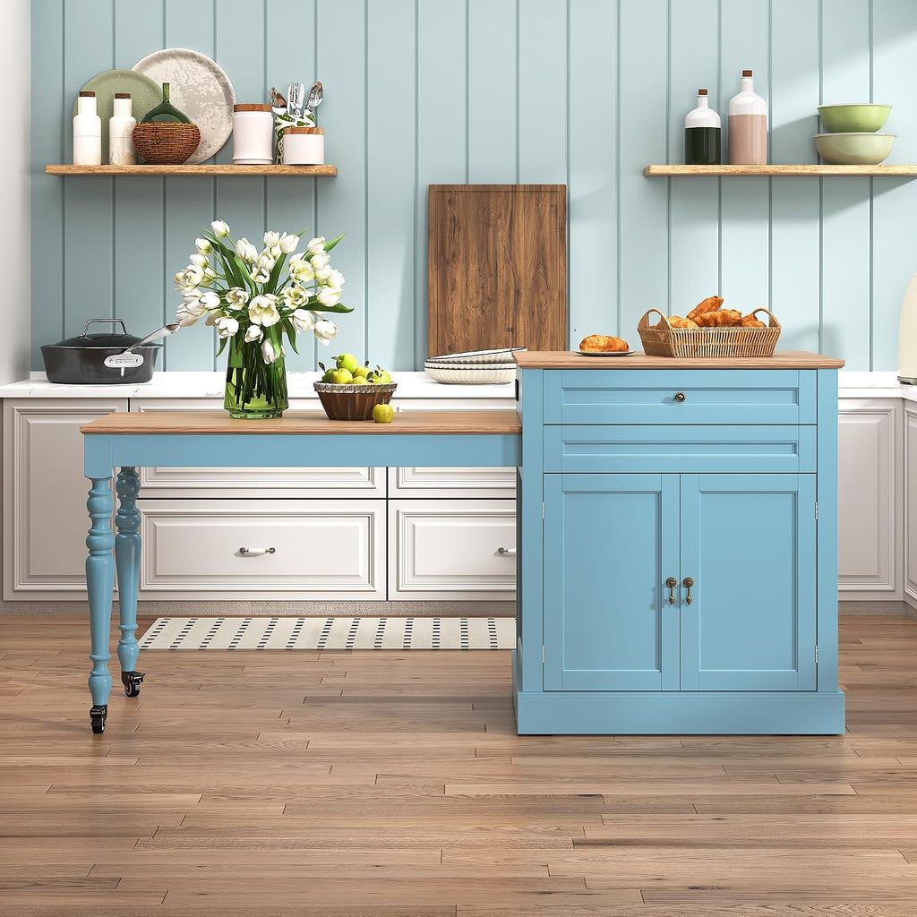 HLR 72' Kitchen Island with Extendable Table for 2-4, Island Table for Kitchen with Power Outlet and Storage Slide Out Legs, Rolling Islands Cart with 2 Doors (Blue)