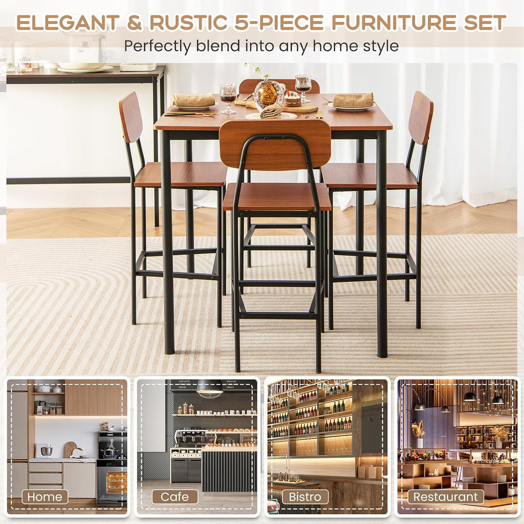 Giantex 5-Piece Dining Table Set W/Counter Height Table & 4 Bar Stools, Industrial Kitchen Dining Table Set W/Footrest & Backrest, Space-Saving Dinette Set for Pub, Dining Room, Restaurant (Walnut)
