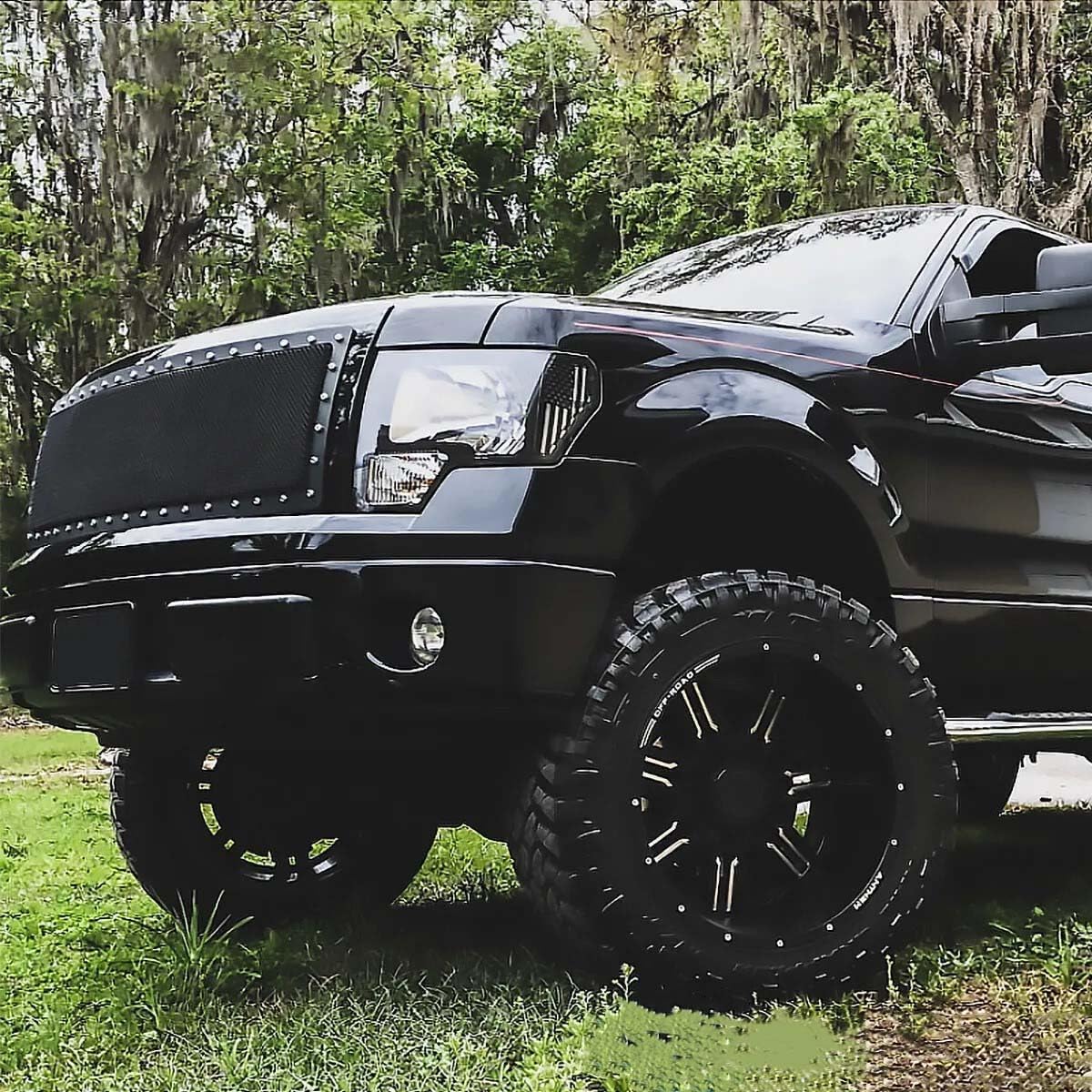 Gloss Black Rivet Style Wire Grille Front Grille Compatible with 2009 2010 2011 2012 2013 2014 Ford F 150