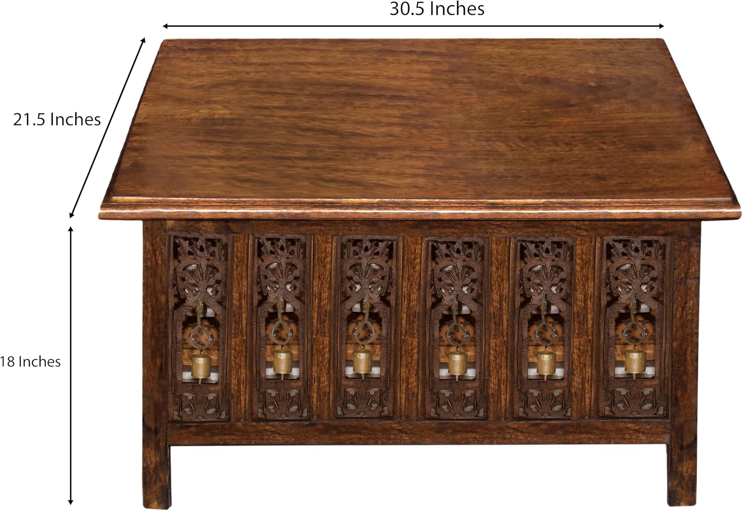 COTTON CRAFT Solid Wood Coffee Table – Ghanti Bells Hand Carved Center Table with Foldable Legs – Decorative Table - Living Room Small Spaces Bedroom - No Tools Assembly -30.5x21.5x18- Antique Brown