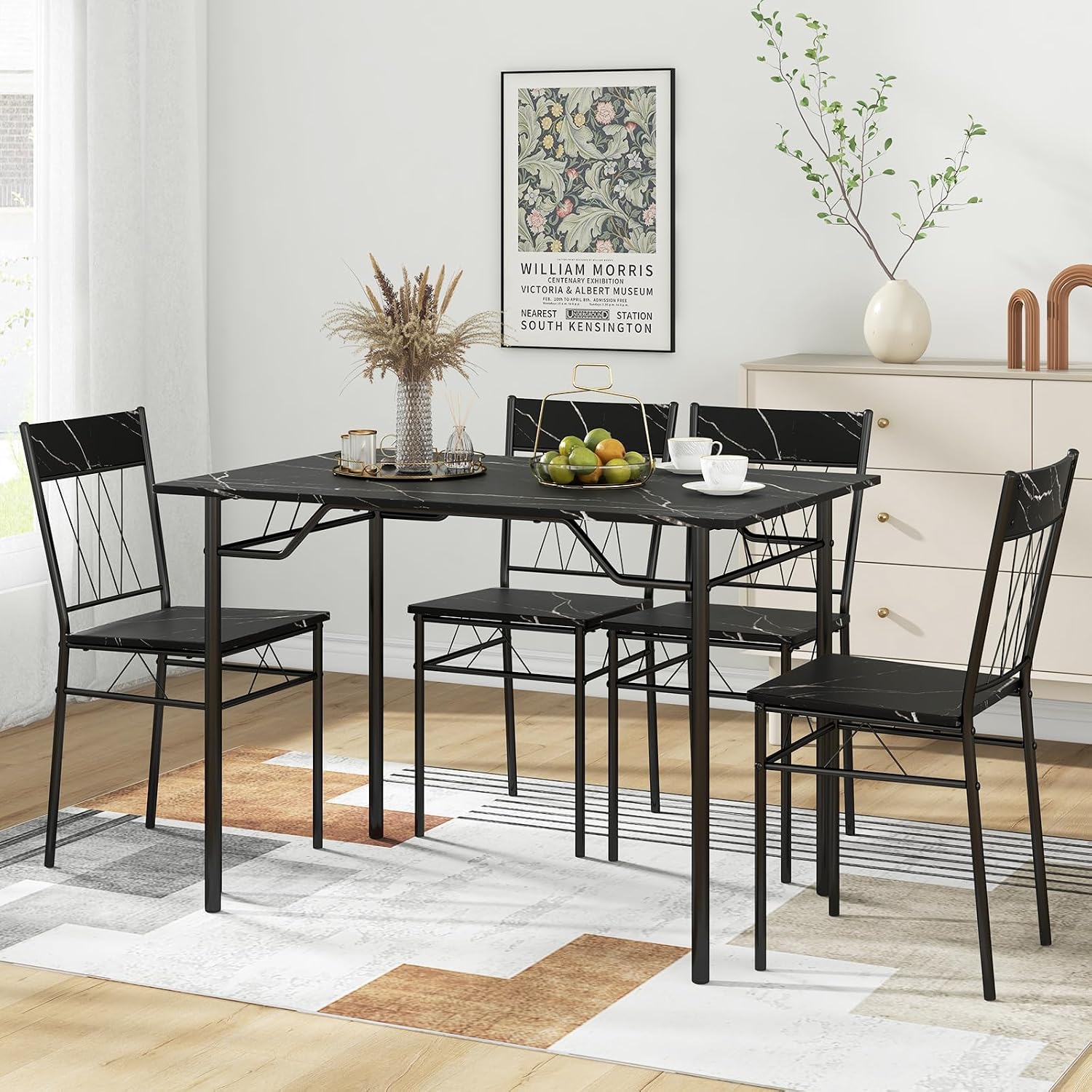 Giantex Dining Table Set for 4, 5-Piece Breakfast Nook with Kitchen Table, 4 Dining Chairs, Metal Frame, Space-Saving Dinette Table Set for 4, Small Place, Kitchen Table Chairs Set of 4 (Marble Black)