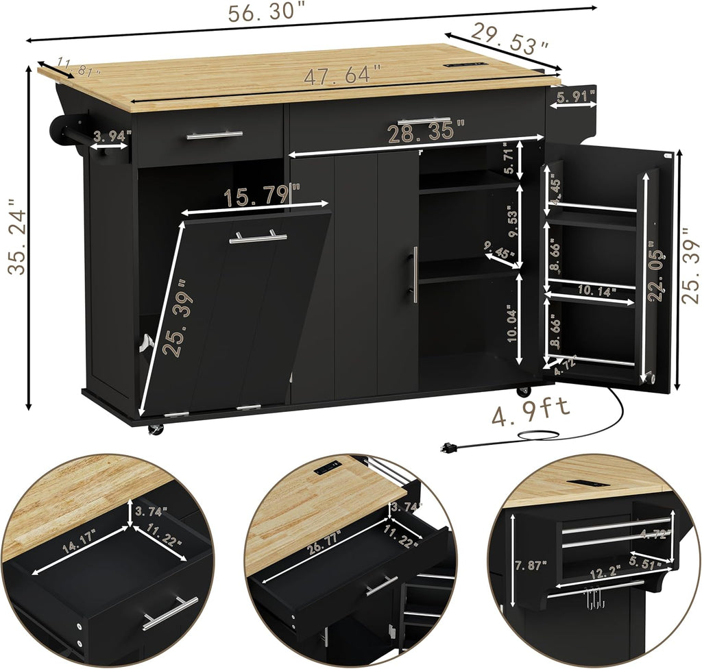HQZX Rolling Kitchen Island with Trash Can Storage, Portable Kitchen Island Cart on Wheels with Drop Leaf & Power Outlet, Towel Rack & Spice Rack, Large Mobile Island Table for Kitchen, Black
