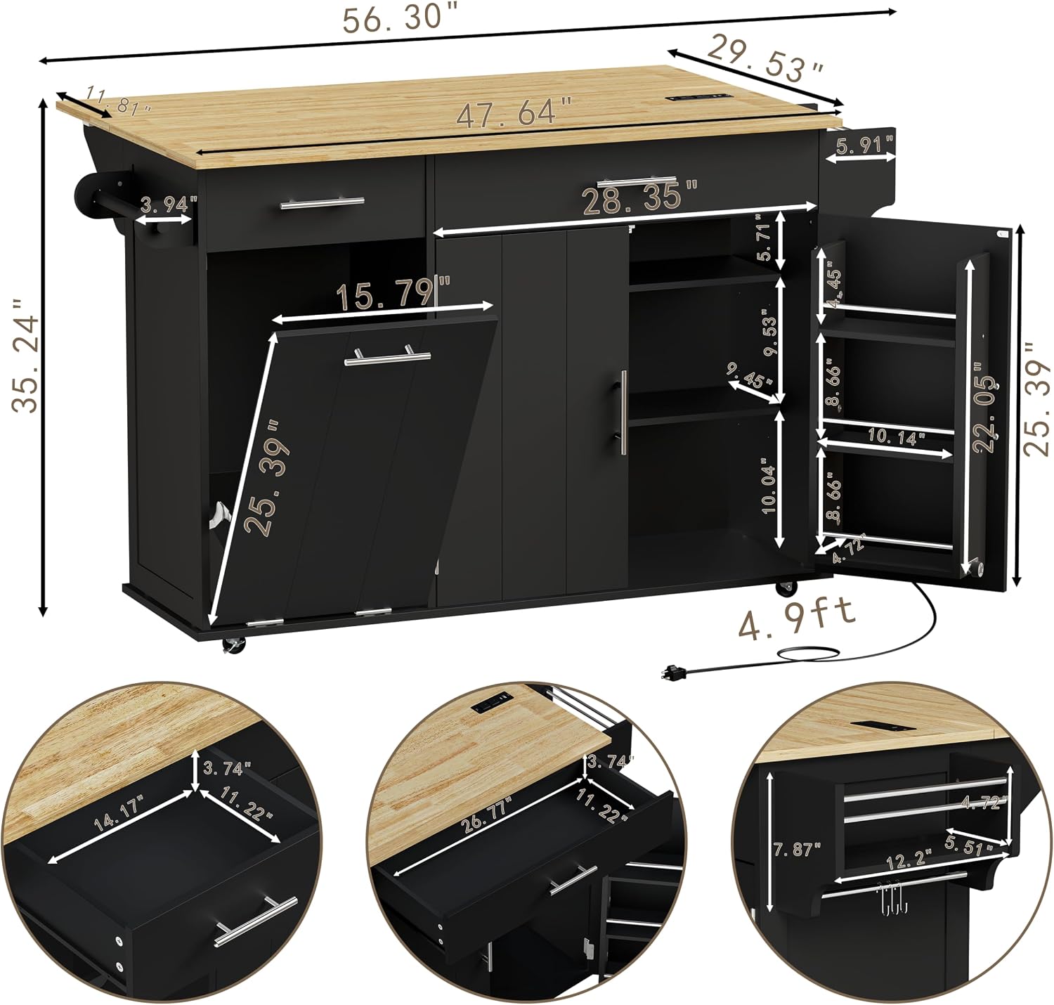 HQZX Rolling Kitchen Island with Trash Can Storage, Portable Kitchen Island Cart on Wheels with Drop Leaf & Power Outlet, Towel Rack & Spice Rack, Large Mobile Island Table for Kitchen, Black