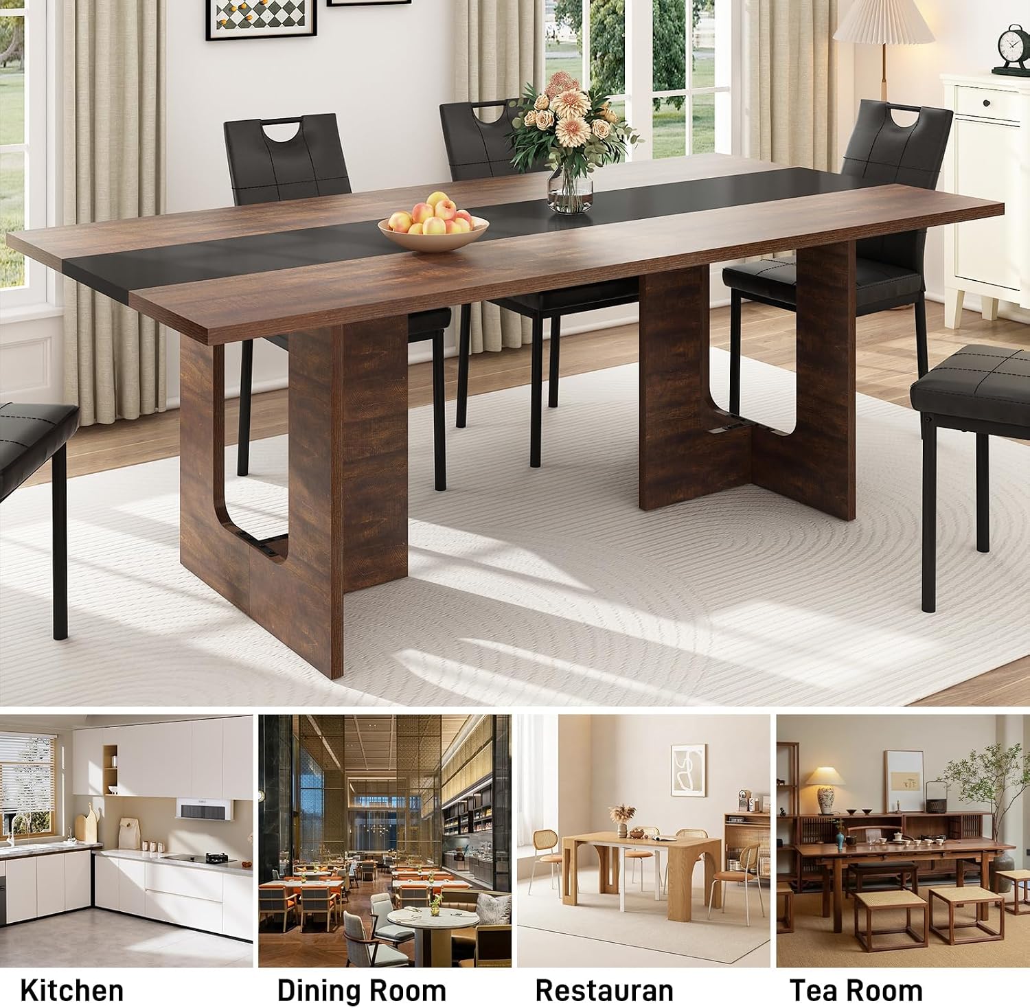 Squireewo 70 INCH Dining Table for 4 6 People, Modern Wooden Dining Table W/Thickened Waterproof Tabletop, Rectangle Dinner Table with Heavy Duty Legs for Kitchen, Dining Room (Brown&Black)