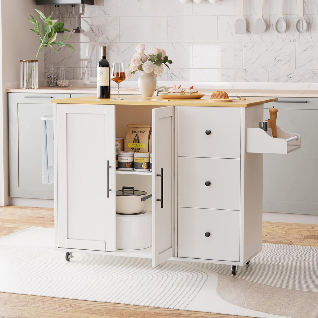 GRUSIGN Kitchen Island on Wheels with Storage-Multifunctional Kitchen Island Cart with Drop Leaf, Rolling Island with Spice/Towel Rack,Expandable Island Table Kitchen,39.37' Width,White