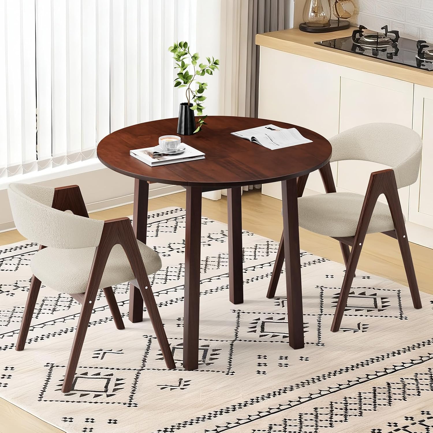 VINGLI 35' Solid Wood Folding Dining Table, Drop Leaf Kichen Dining Room Desk for Small Spaces, Small Kitchen, Expandable Folding Round Table for Home, Apartment,Office, Brown