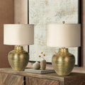 Franklin Iron Works Maison Loft Rustic Farmhouse Table Lamps 27' Tall Set of 2 Antique Brass Textured Hammered Metal Cream Linen Drum Shade for Bedroom Living Room Bedside Nightstand House Office