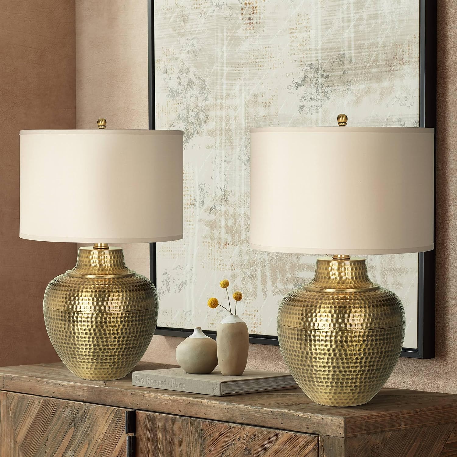 Franklin Iron Works Maison Loft Rustic Farmhouse Table Lamps 27' Tall Set of 2 Antique Brass Textured Hammered Metal Cream Linen Drum Shade for Bedroom Living Room Bedside Nightstand House Office
