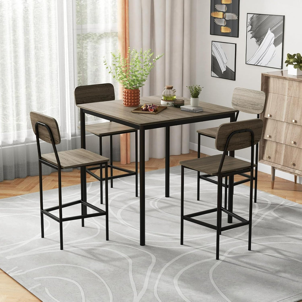 Giantex 5-Piece Dining Table Set W/Counter Height Table & 4 Bar Stools, Modern Kitchen Dining Set W/Footrest & Backrest, Space-Saving Dinette Set for Pub, Dining Room, Restaurant (Black Oak)