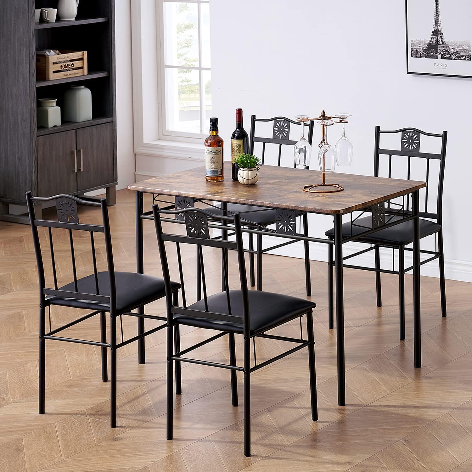 VECELO Dining Table Set with 4 Chairs, Retro Brown