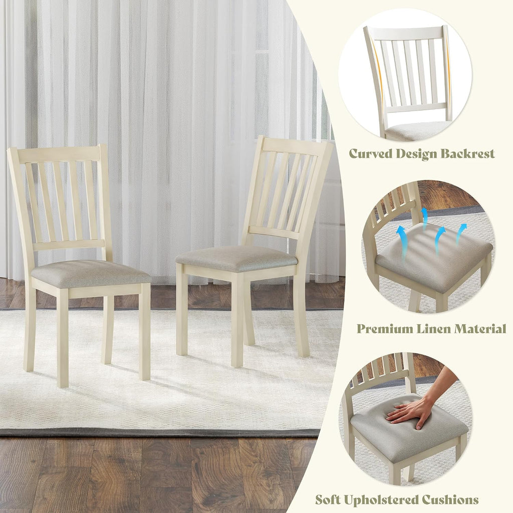 AMERLIFE 9-Piece Farmhouse Solid Wood Dining Table Set with 8 Upholstered Chairs, Roman Conical Legs, Seats up to 8, 79'' Dining Table & Chairs Set for Kitchen and Dining Room, Rustic Cream