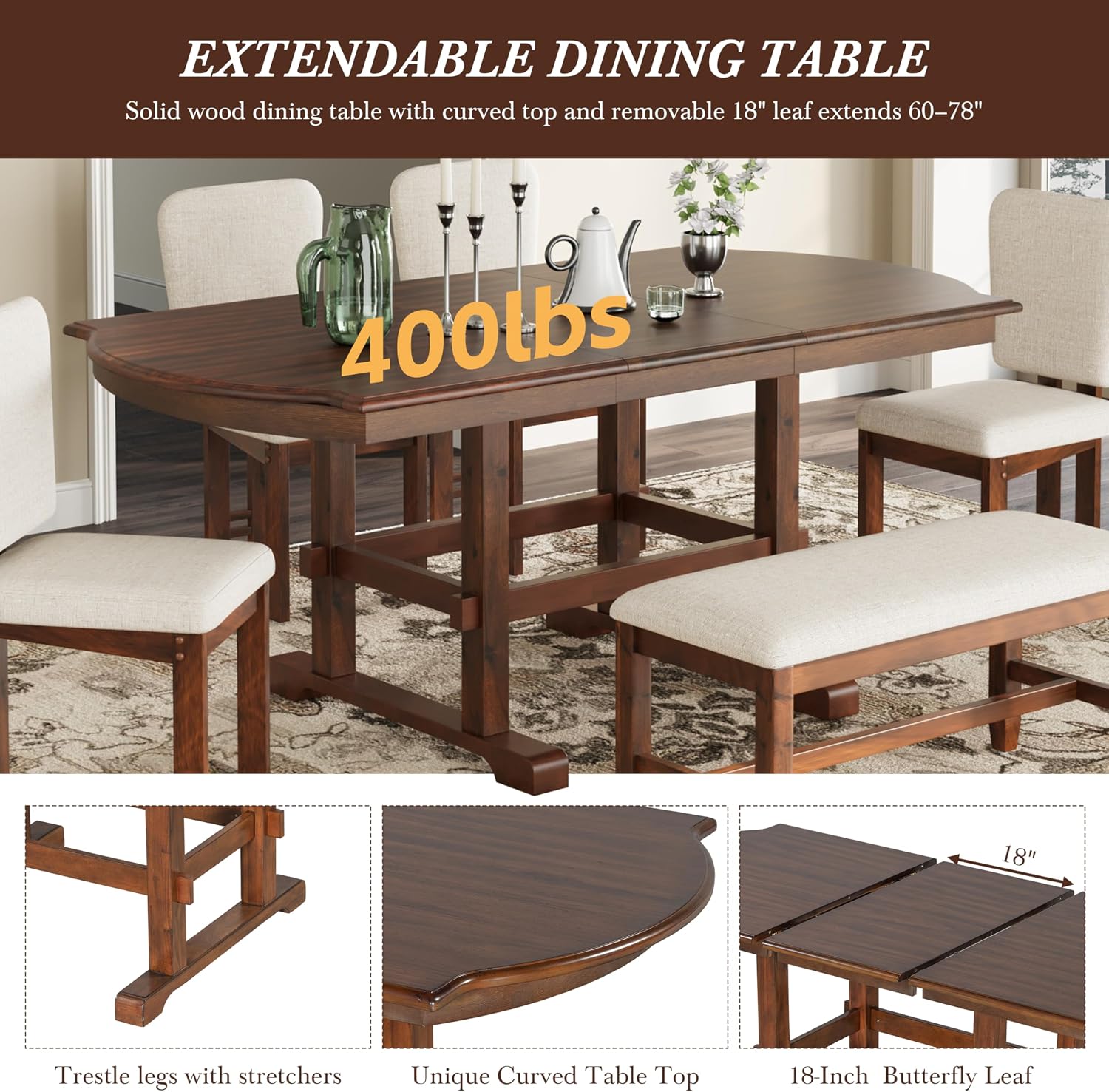 Merax 6 Pieces Dining Table Set, Extendable Wood Dining Room Set with Bench, Kitchen Table Set with Removable Leaf and 4 Upholstered Dining Chairs, Espresso+Beige
