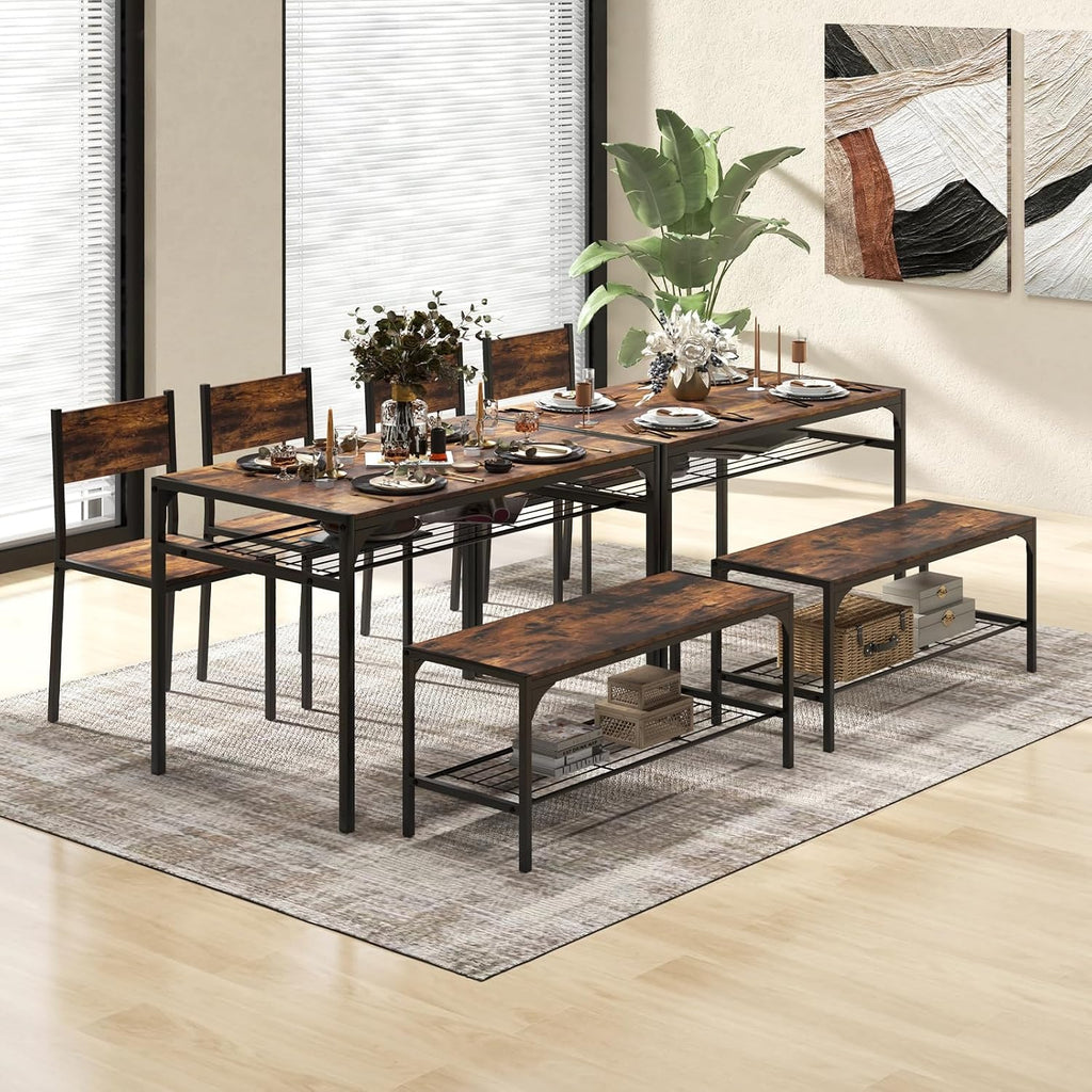 COSTWAY 4 Pieces Dining Table Set, Kitchen Table and 2 Chairs for 4 with Bench, Storage Racks, Metal Frame & Space-saving Design, Industrial Kitchen Table Set for Small Space, Apartment (Rustic Brown)