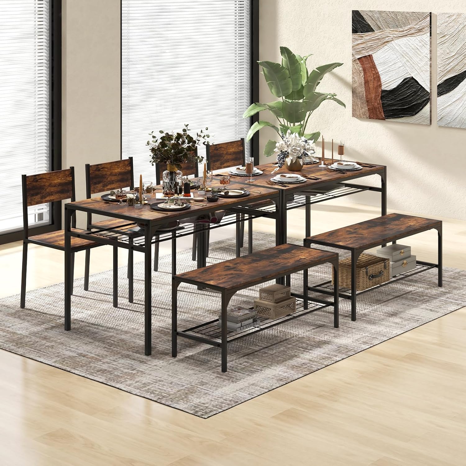 COSTWAY 4 Pieces Dining Table Set, Kitchen Table and 2 Chairs for 4 with Bench, Storage Racks, Metal Frame & Space-saving Design, Industrial Kitchen Table Set for Small Space, Apartment (Rustic Brown)