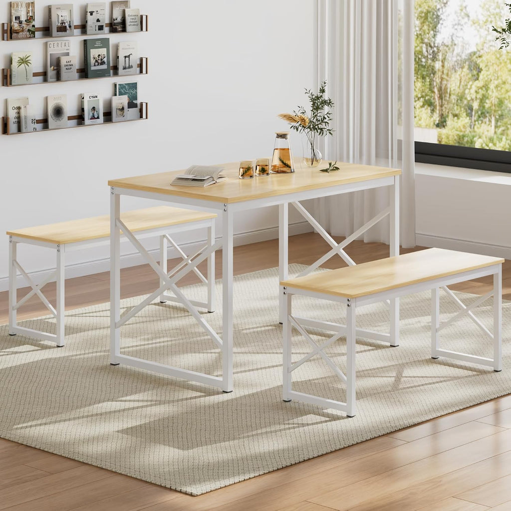 VECELO Kitchen Dining Table Benches Set for 4, 43.3' Wooden Dinette with 2 Benches, Heavy-Duty Dining Room Table for Small Space, Breakfast Nook, Natural Oak