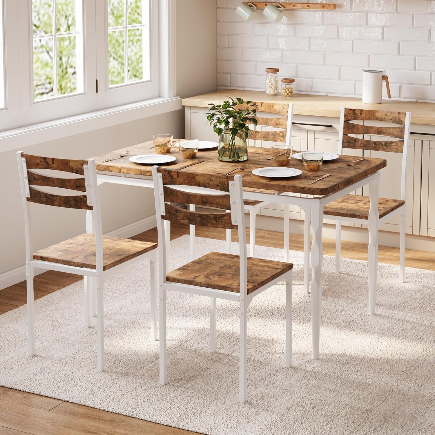Garvee 5 Piecs Dining Table Set, Farmhouse Style Dining Table and Chairs Set for 4, Dining Set for Dining Room Kitchen Apartment, White & Brwon