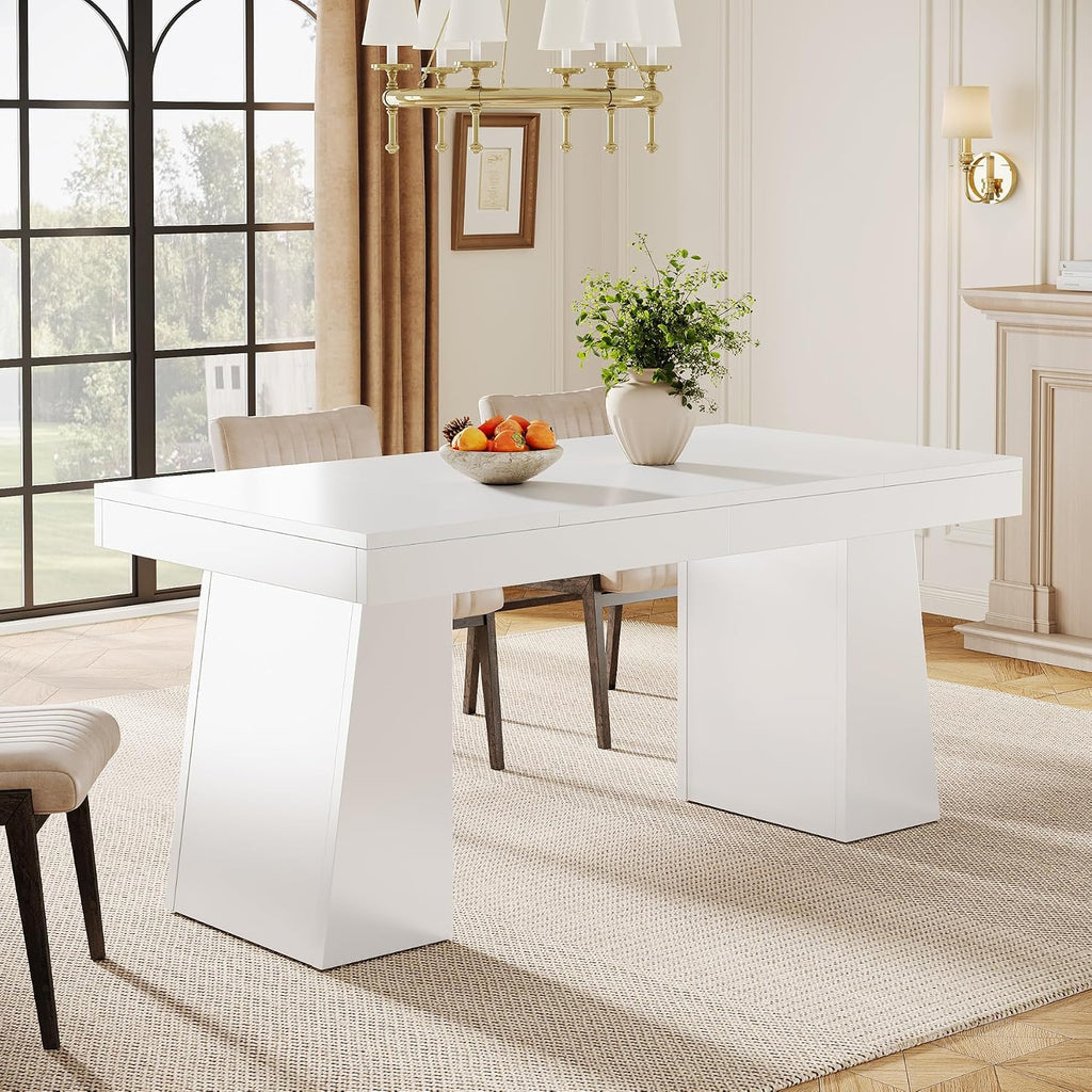 Tribesigns 55-Inch Dining Room Table for 4, Mid-Century Modern Dining Table with Double Pedstral, Rectangular Wood Kitchen Dinner Tables for Dining Room, Kitchen, Home, White (Only Table)