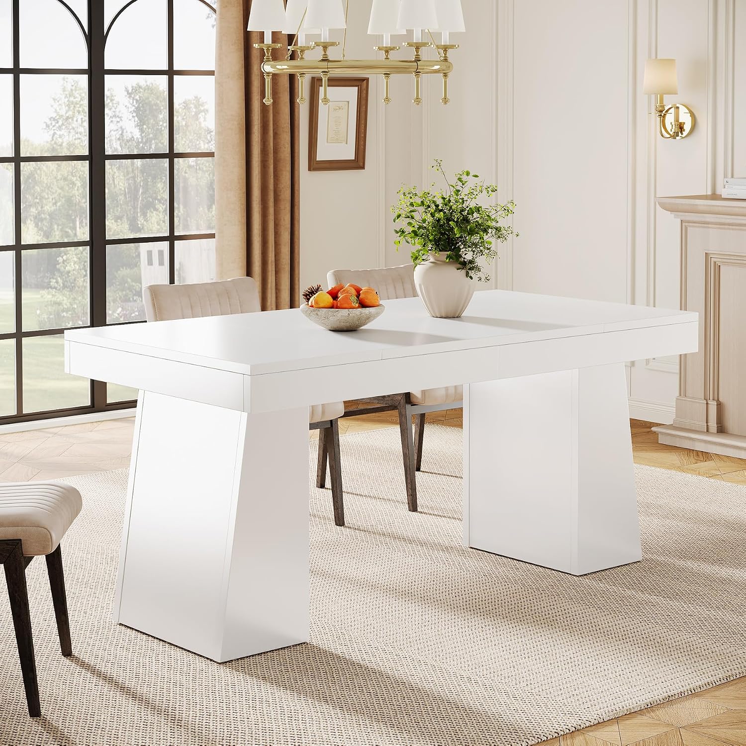Tribesigns 55-Inch Dining Room Table for 4, Mid-Century Modern Dining Table with Double Pedstral, Rectangular Wood Kitchen Dinner Tables for Dining Room, Kitchen, Home, White (Only Table)