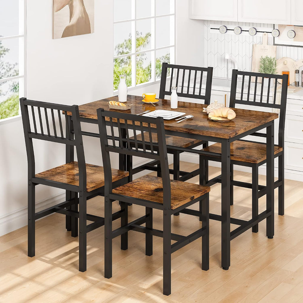 AWQM 47.2 Inch Dining Table Set for 4,Industrial Table with 4 Curved Chairs Set,5-Piece Rectangular Kitchen Table Set for Dining Room,Breakfast Nook,Small Space