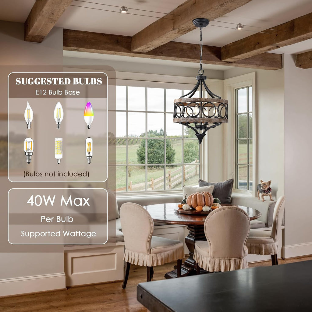 15.7' Farmhouse Chandeliers for Dining Room 4-Light Raindrop Solid Wood Antique Pendant Chandelier French Country Light Fixture for Living Room Bedroom Foyer Kitchen Island Entryway