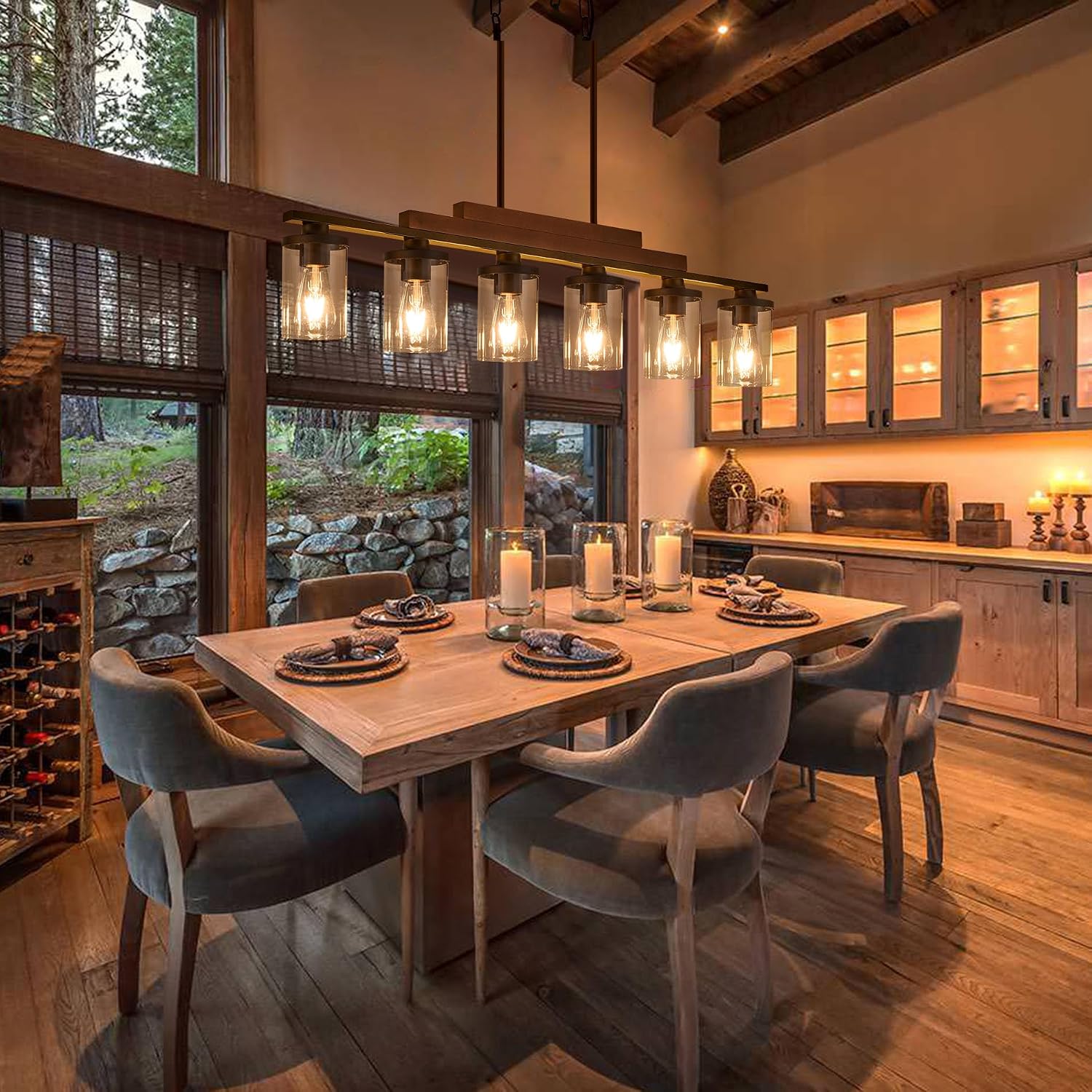 Farmhouse Chandelier 6-Light Dining Room Light Fixture Over Table Kitchen Island Lighting Rustic Chandeliers for Dining Light with Glass Shade Wood Pendant Lights Kitchen Island
