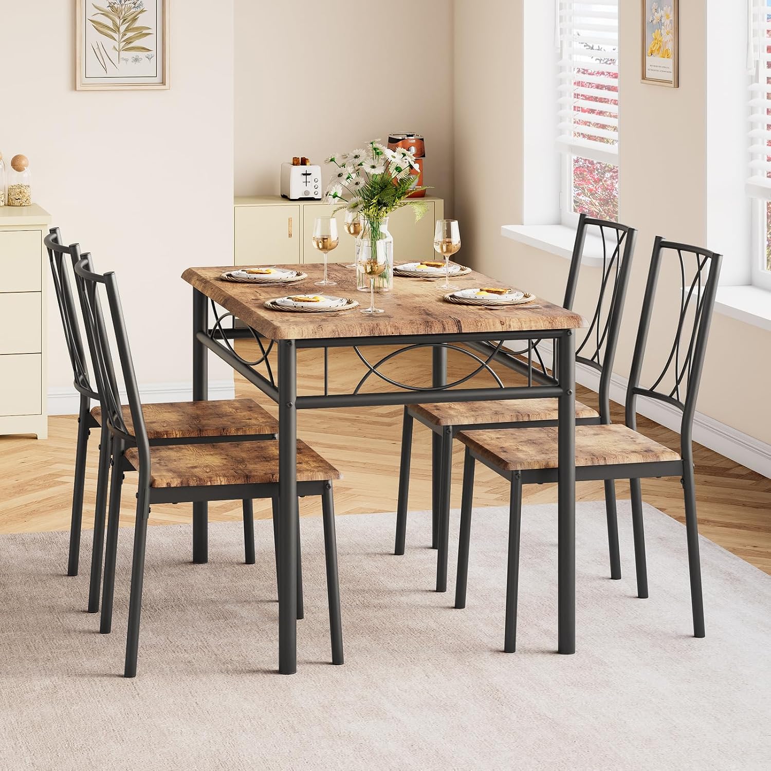 Garvee 5-Piece Wood Dining Table Set for 4, Rectangular Kitchen Table Set with 4 Chairs, Space-Saving Dining Table Set for Apartment, Studio, Kitchen, Small Space, Brown