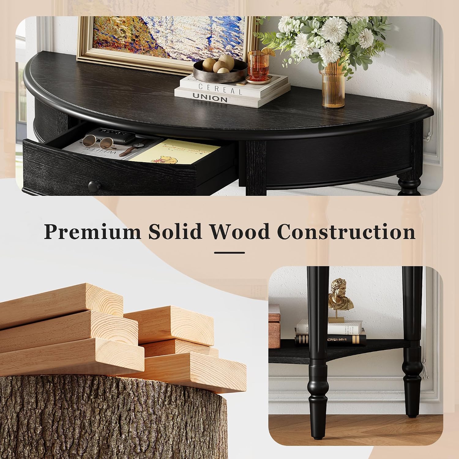 LKTART Farmhouse Half Moon Console Table with Solid Pinewood Frame and Legs,Modern Entryway Table,Small Sofa Table Behind Couch for Living Room,Hallway,Foyer (Black,39')