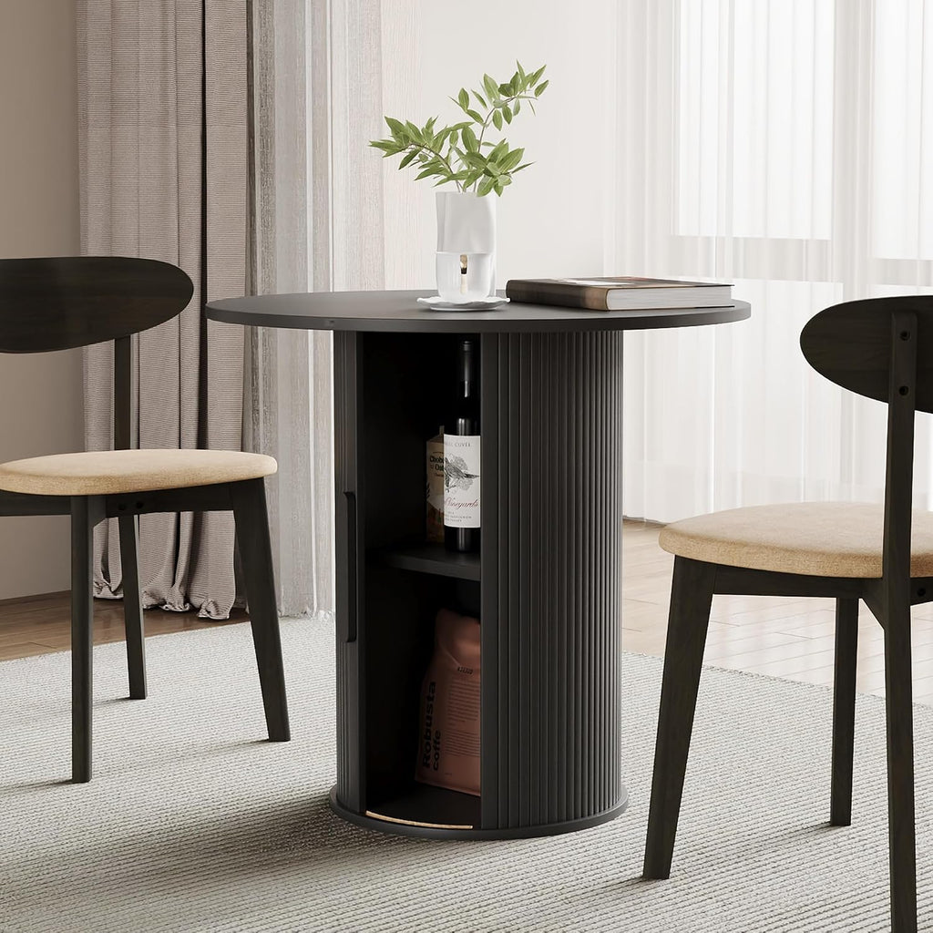 31.5' Round Dining Table for 2-4, Modern Kitchen Table with 2-Tier Storage Shelf, Small Wooden Circle Dining Tables with Fluted Base for Home Dining Room Living Room (Black)