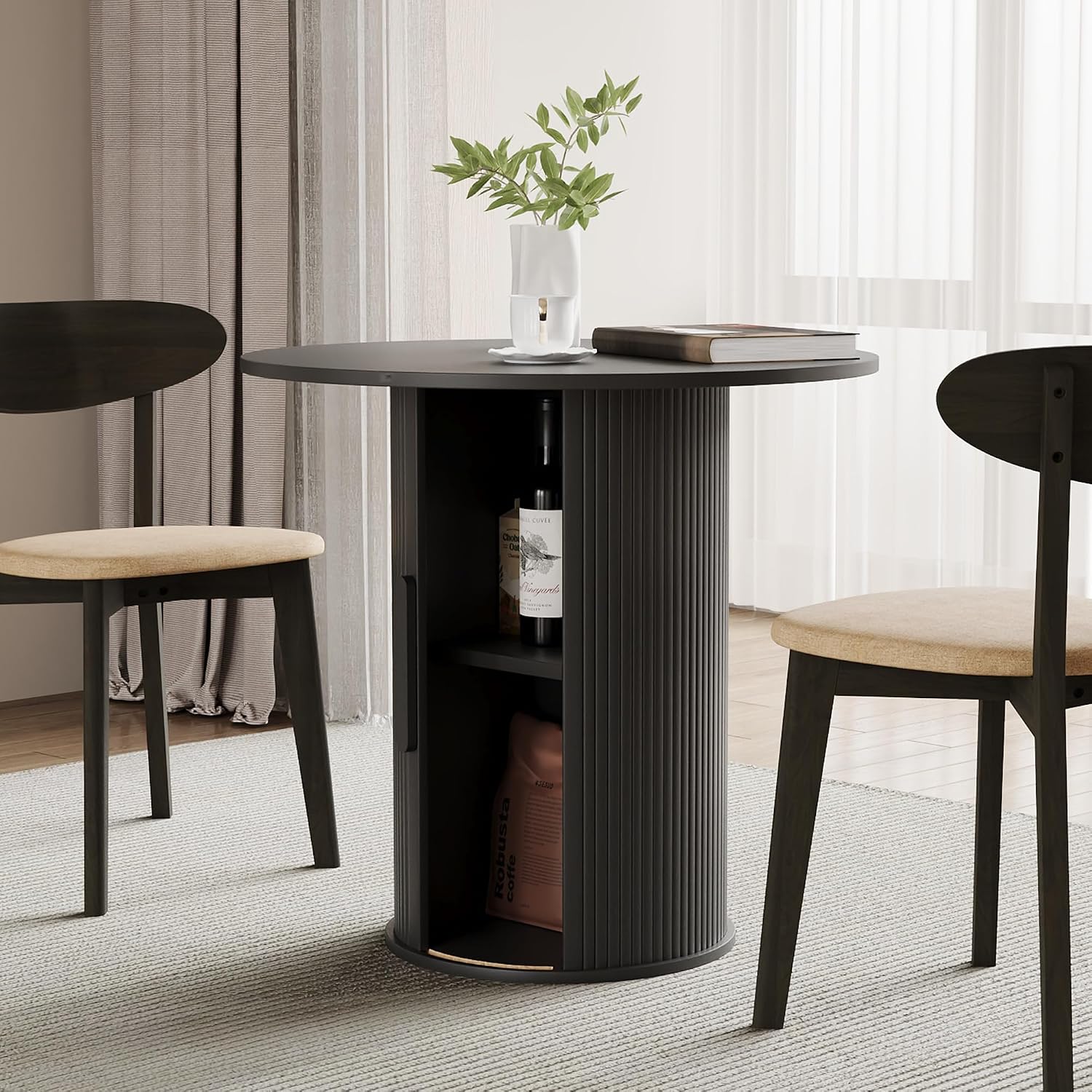 31.5' Round Dining Table for 2-4, Modern Kitchen Table with 2-Tier Storage Shelf, Small Wooden Circle Dining Tables with Fluted Base for Home Dining Room Living Room (Black)