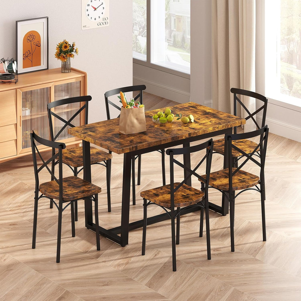 Zevemomo 7-Piece Dining Table with Chairs Set, Rectangular Metal Frame Table with 6 Chairs, Kitchen Table Chairs Set of 6, Wooden Farmhouse Dining Table Set for Dining Room and Living Room, Brown