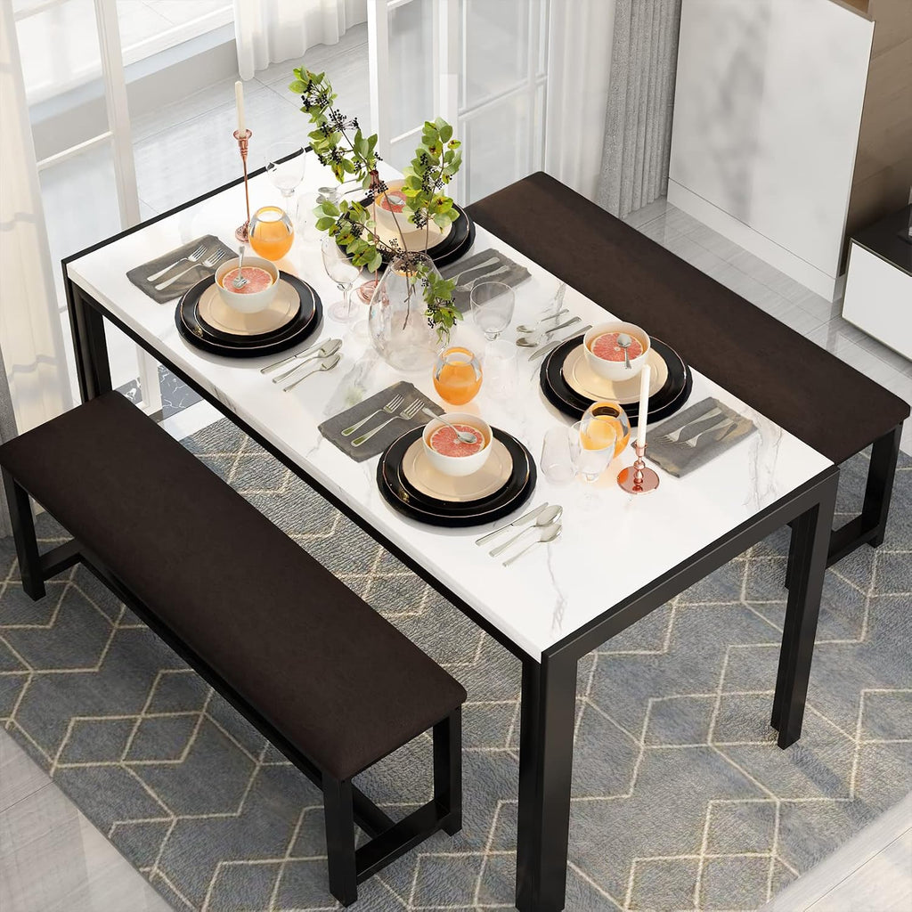 DKLGG Dining Table Set for 4, Kitchen Table with 2 PU Leather Upholstered Bench, Faux Marble Dining Room Table with Bench for Small Space