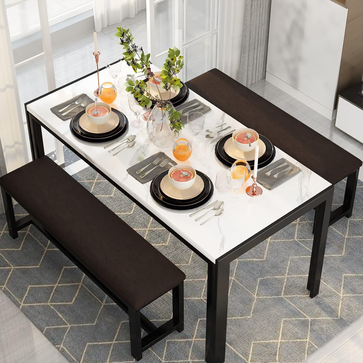 DKLGG Dining Table Set for 4, Kitchen Table with 2 PU Leather Upholstered Bench, Faux Marble Dining Room Table with Bench for Small Space
