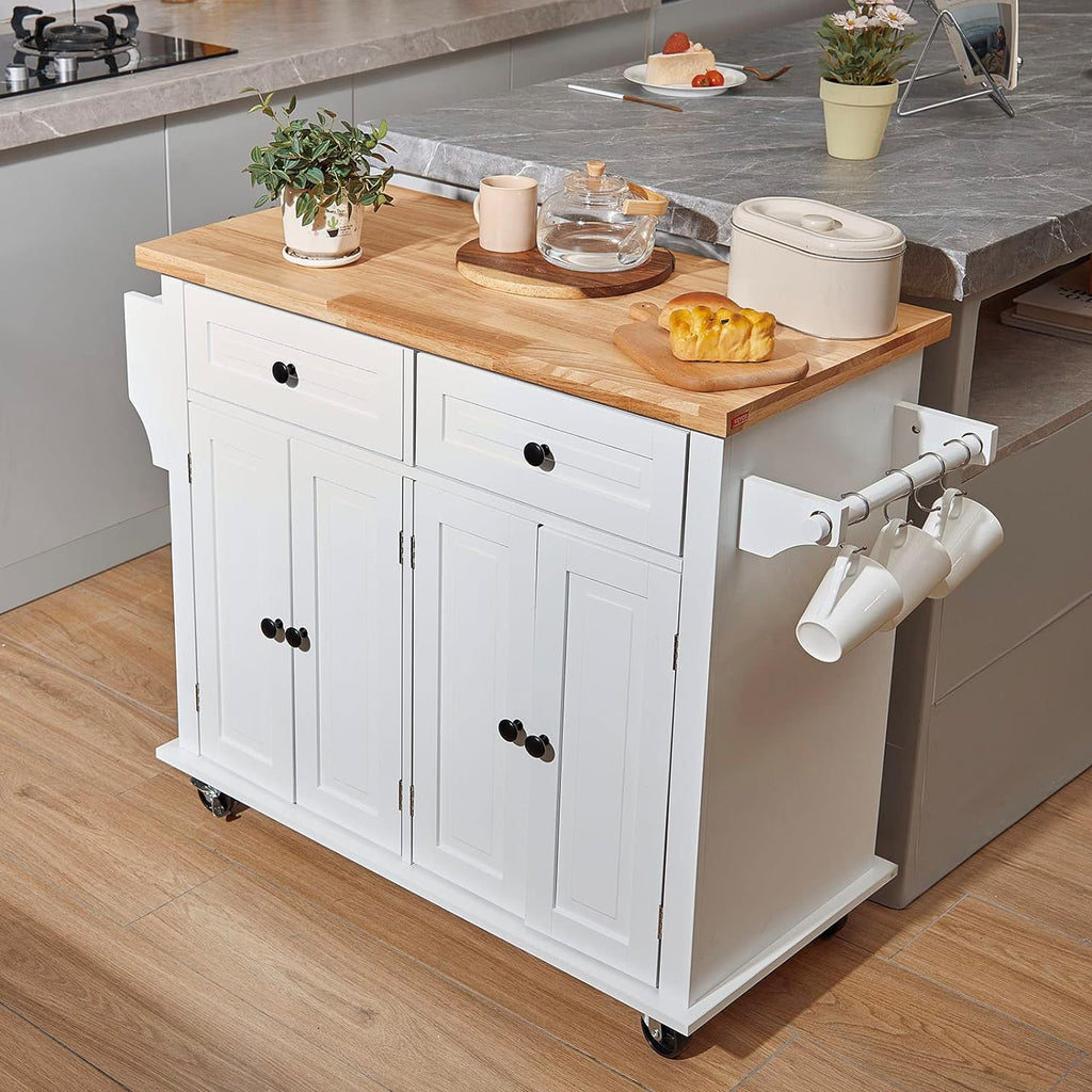 VEVOR Kitchen Island Cart with Solid Wood Top, 35.4' Width Mobile Carts with Storage Cabinet, Rolling Kitchen Table with Spice Rack, Towel Rack, and Drawer, Portable Islands on Wheels, White