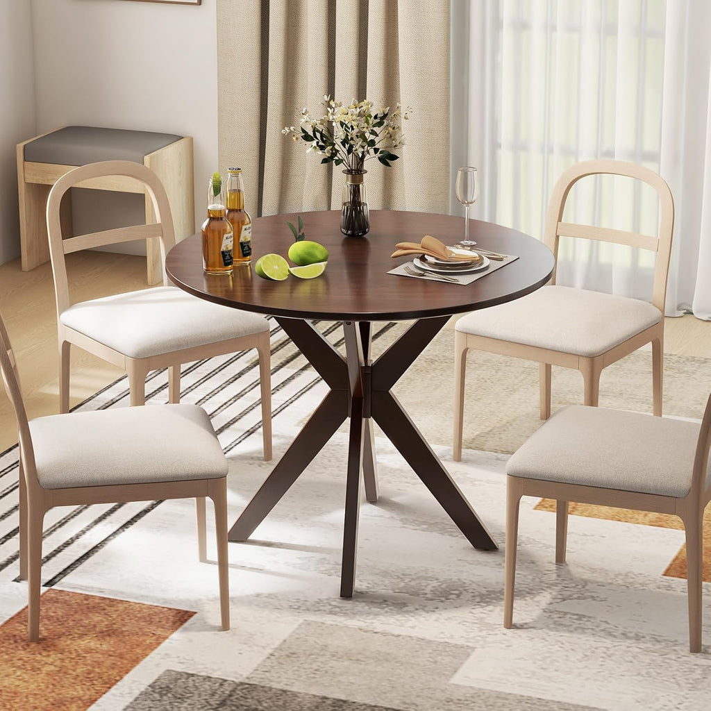 Giantex 36' Round Wood Dining Table, Farmhouse Kitchen Table with Intersecting Pedestal Base & Solid Rubber Wood Legs, Vintage Coffee Tables for Dinette, Small Spaces, Restaurant, Brown
