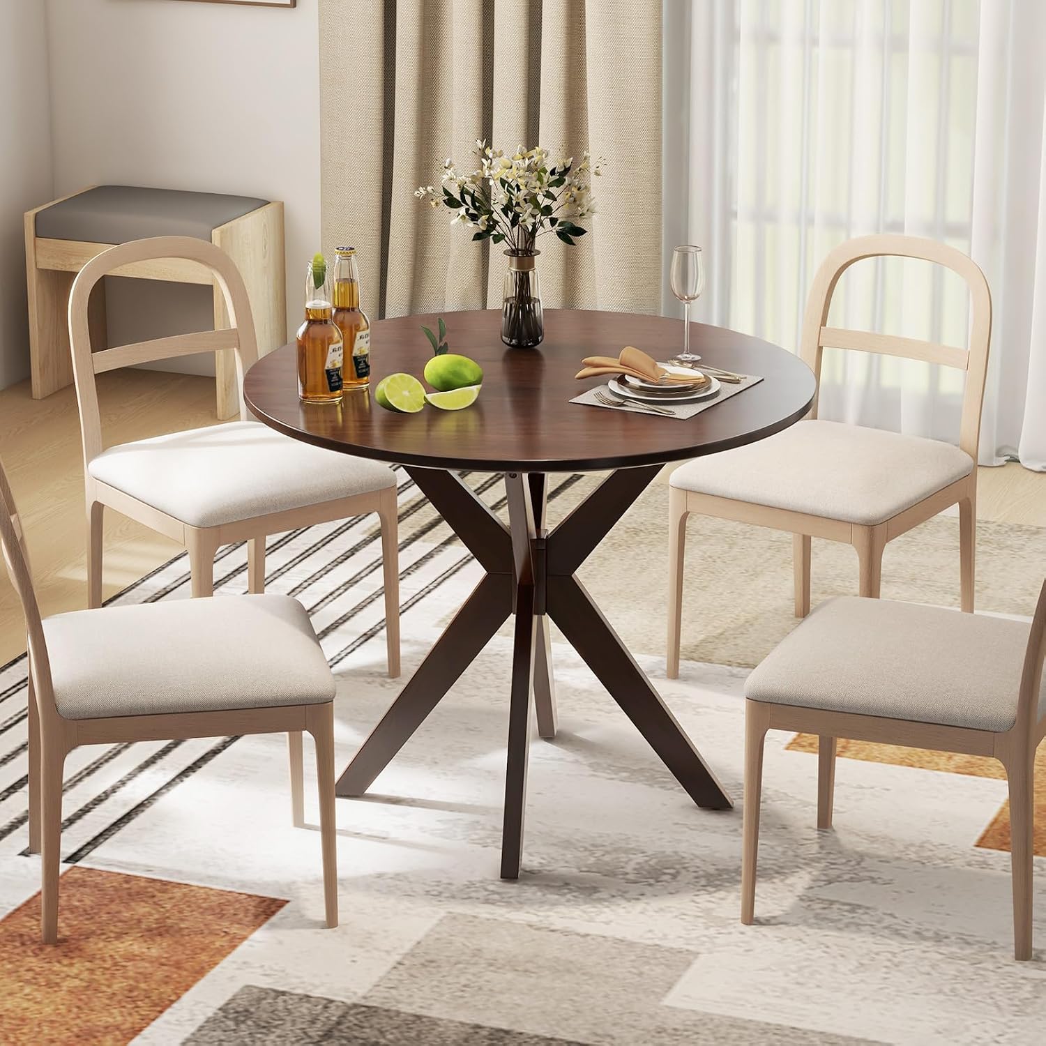 Giantex 36' Round Wood Dining Table, Farmhouse Kitchen Table with Intersecting Pedestal Base & Solid Rubber Wood Legs, Vintage Coffee Tables for Dinette, Small Spaces, Restaurant, Brown