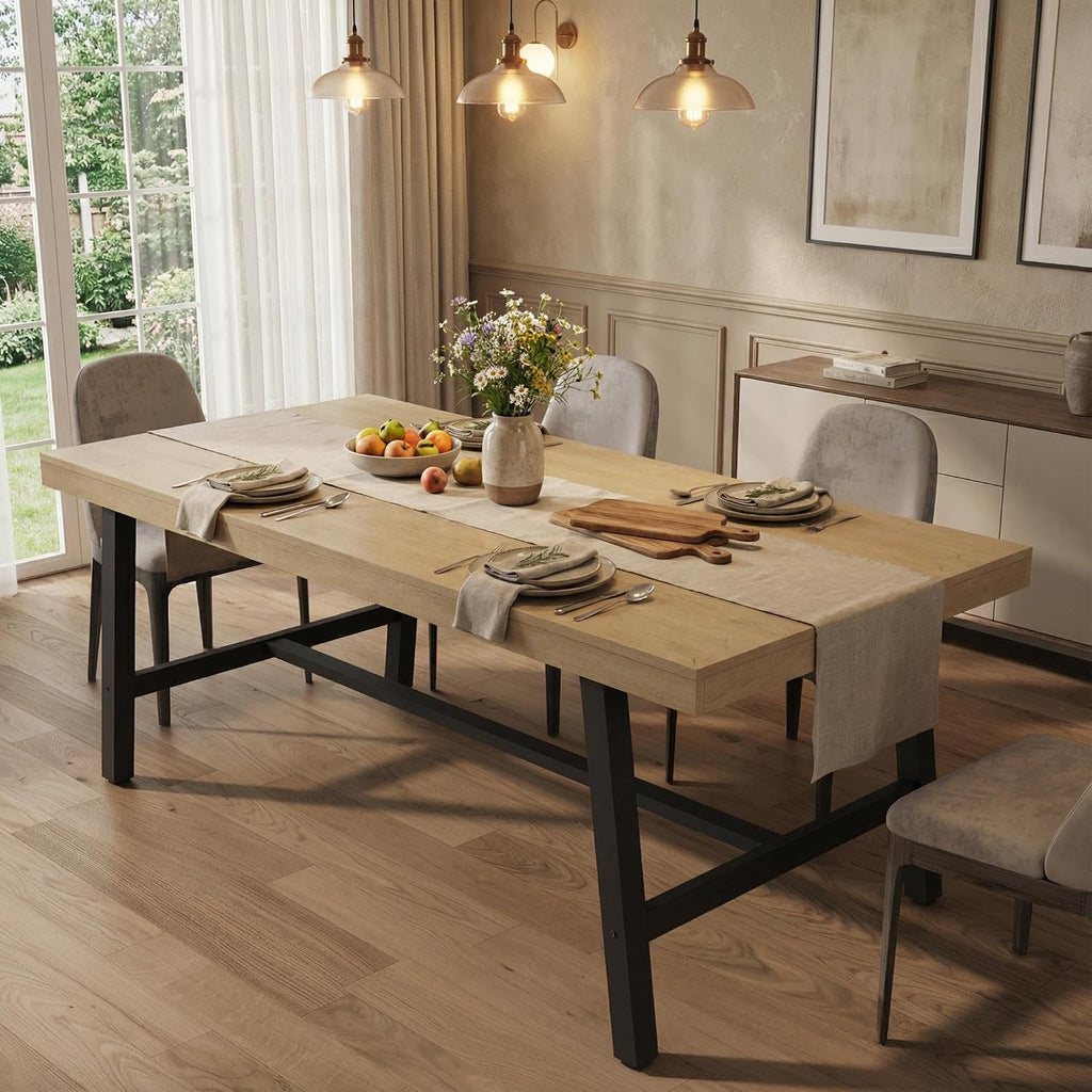 70' Large Dining Table for 6-8 People, Rustic Industrial Farmhouse Kitchen Table, Rectangle Wooden Dining Room Table with Heavy-Duty Metal Frame, Stable & Waterproof for Home, Kitchen, Dining Room