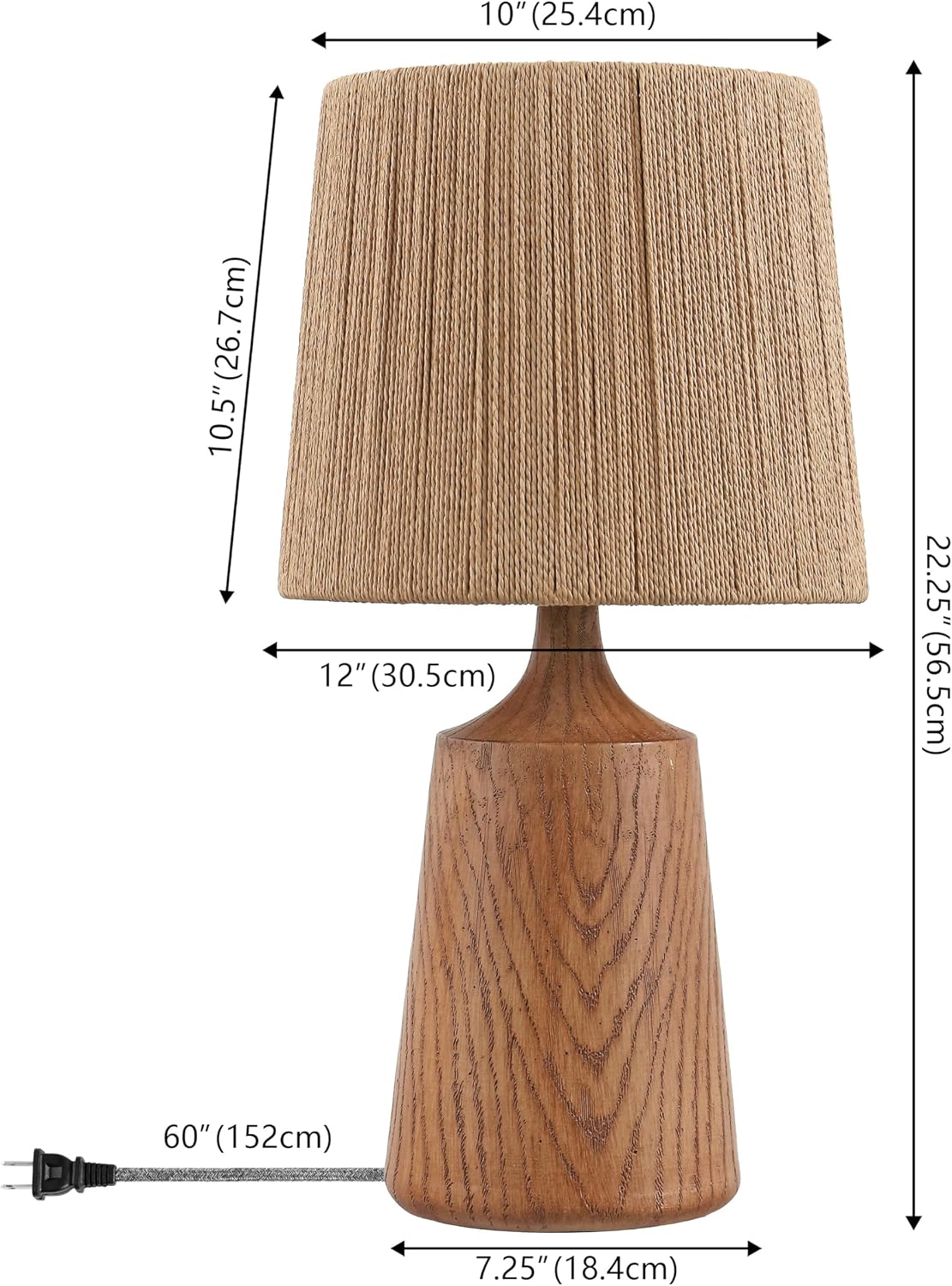 JONATHAN Y 22.25' Brown Wood Finish Classic Cottage Table Lamp for Bedroom, Tapered Resin Body with Brown Paper Rope Shade, LED Bulb Included JYL9201A