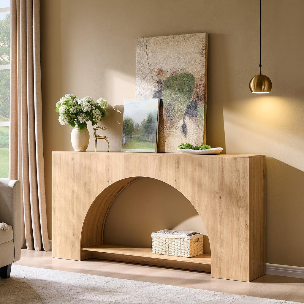 IFGET 63' Arched Console Table, 2-Tier Modern Entryway Table with Arched Base, Narrow Long Wood Sofa Table Behind Couch Table for Living Room, Hallway, Foyer, Natural