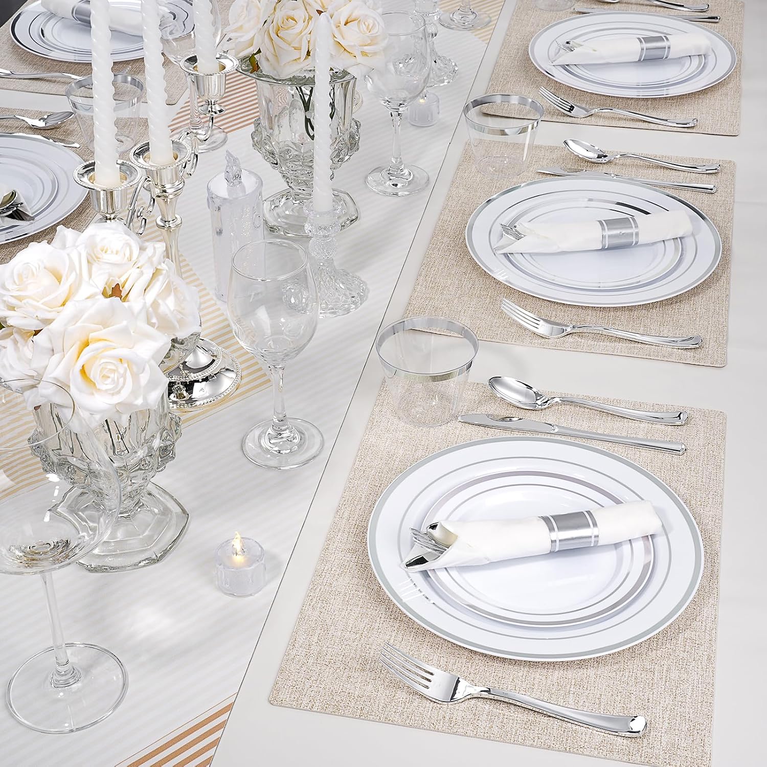 700 PCS White and Silver Plastic Dinnerware Set for 100 Guests, 200 Disposable Plates for Party, 100 Pre Rolled Napkins with Silver Silverware, 100 Cups