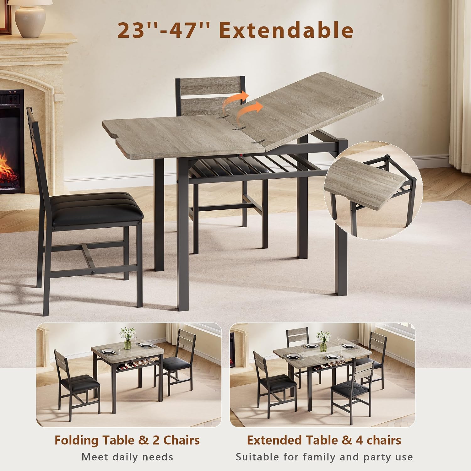 MapleGrace Dining Table Set for 4, Extendable Kitchen Table with 4 PU Leather Upholstered Dining Room Chairs, Wood Kitchen Table Set with Built-in Storage Rack for Dining & Small Spaces, Grey