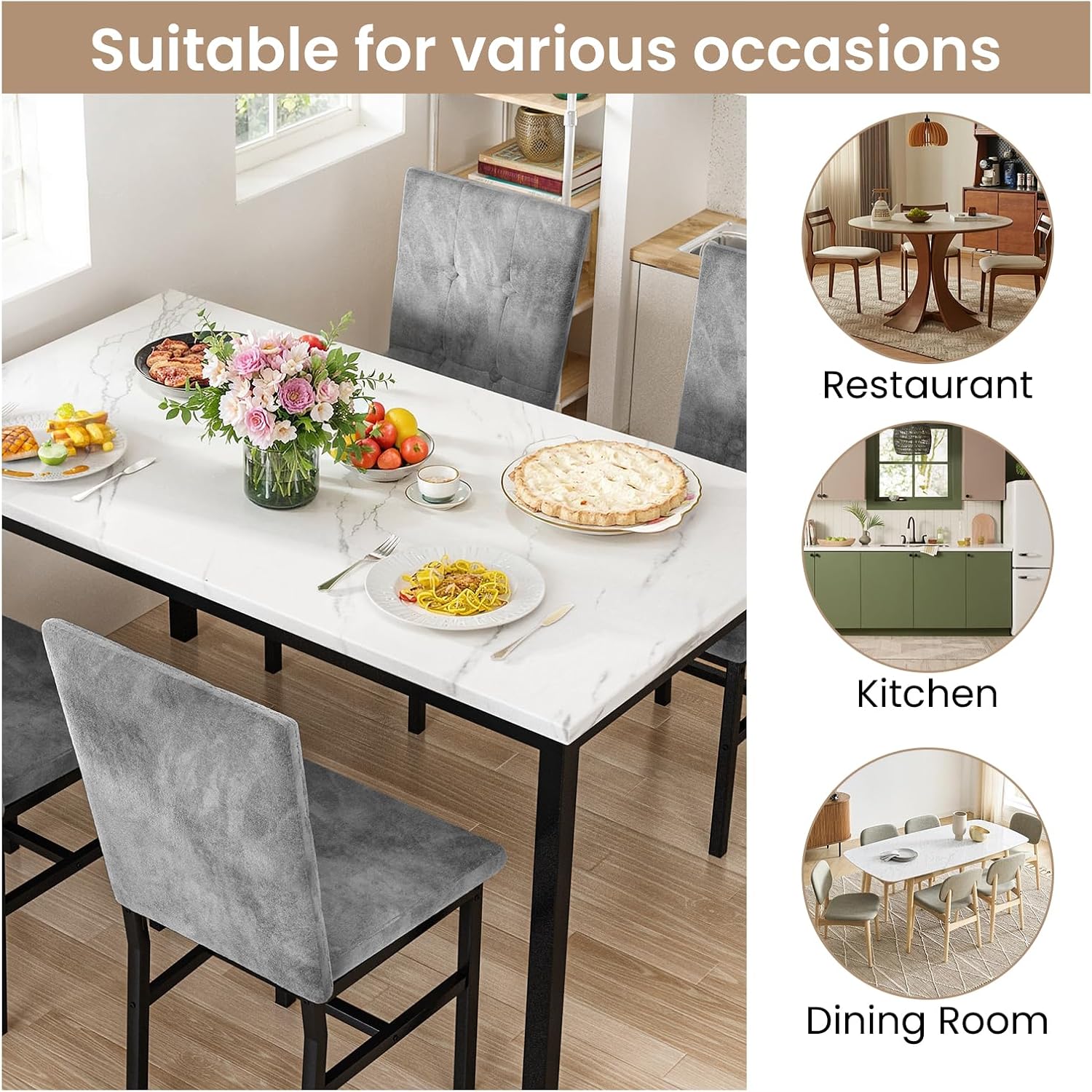 Hooseng Dining Room Table Set 5 Piece Dining Table Set Marble Dining Table 4 Chair Dining Table Set for Kitchen Living Room Breakfast Small Spaces (White & Grey)